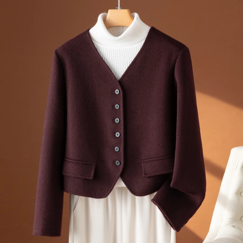 安可拉红双面羊毛大衣女短老钱风V领气质2024年秋冬季新款外套女