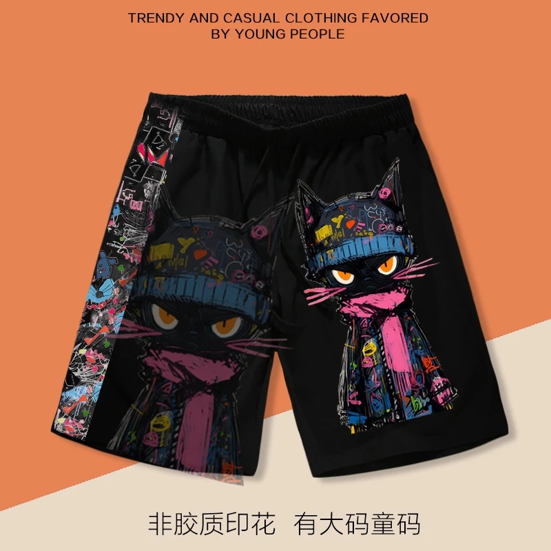 多巴胺小猫卡通短裤男女宽松直筒五分裤休闲印花沙滩裤有大码童码