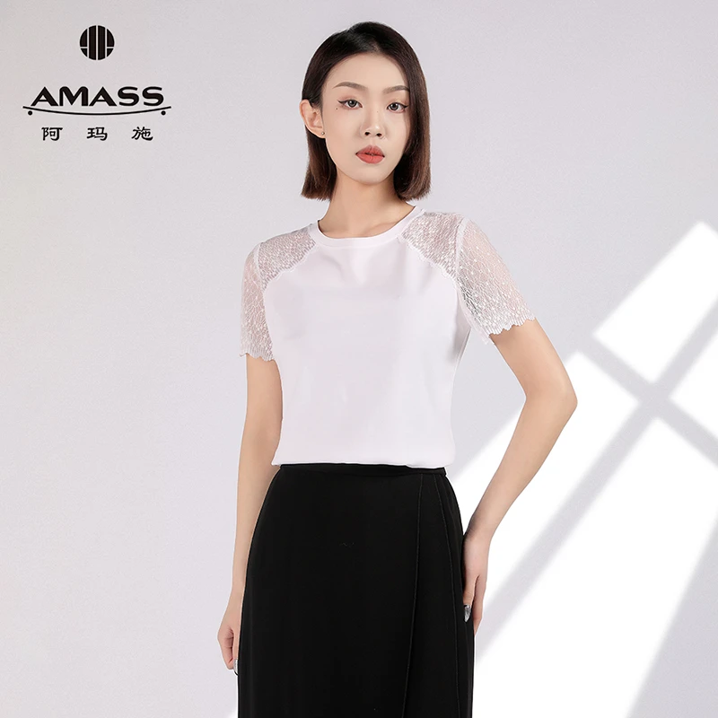 阿玛施AMASS性感蕾丝镂空短袖T恤女夏季新款百搭显瘦上衣5301053