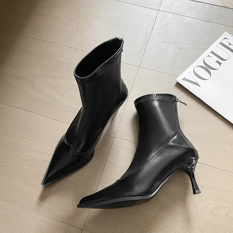 2024秋冬新品瘦瘦靴细跟高跟箭头气质短靴时尚百搭拉链韩版短靴