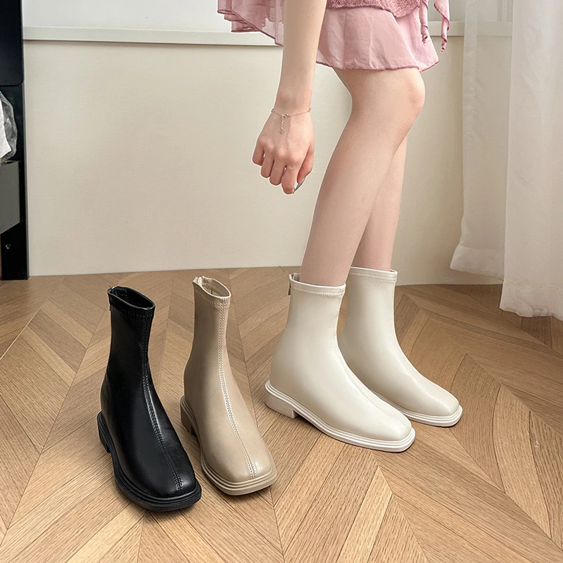 2024秋冬新款小个子内增高靴子时尚百搭粗跟方头瘦瘦靴