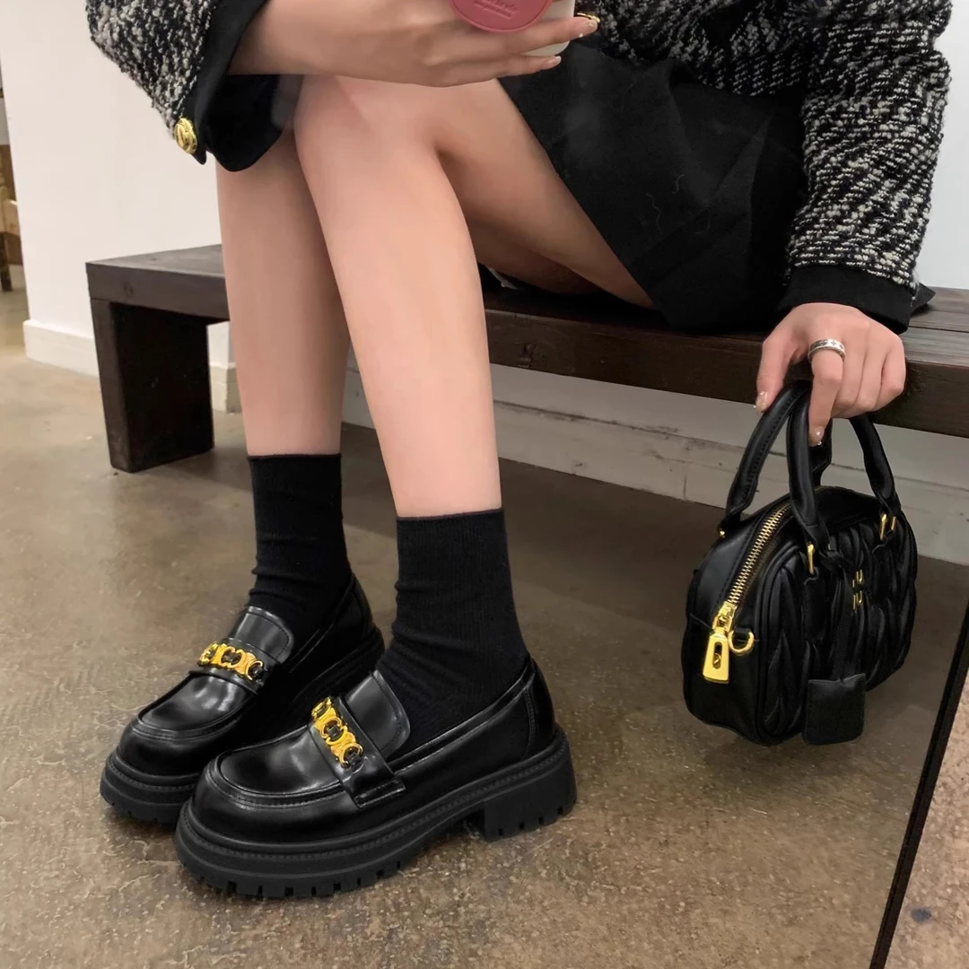 2024新款金扣厚底乐福鞋圆头乐福鞋时尚百搭英伦风小皮鞋