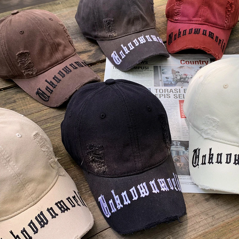 韩版新款破洞字母鸭舌帽四季款户外百搭拼接扎染棒球帽运动棒球帽