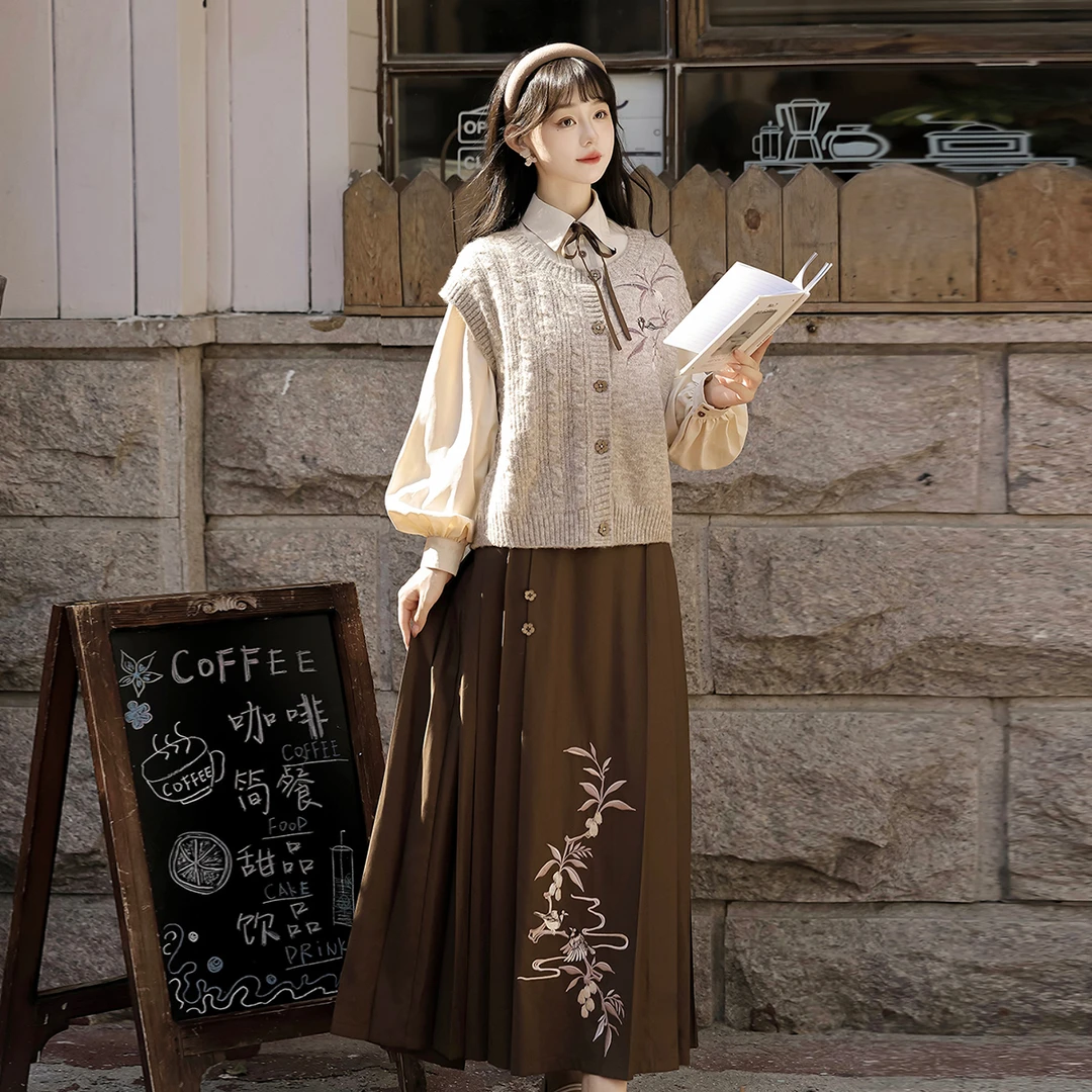 【枇杷书】汉服女装中国风毛衣马甲衬衣半裙套装春秋日常刺绣中式