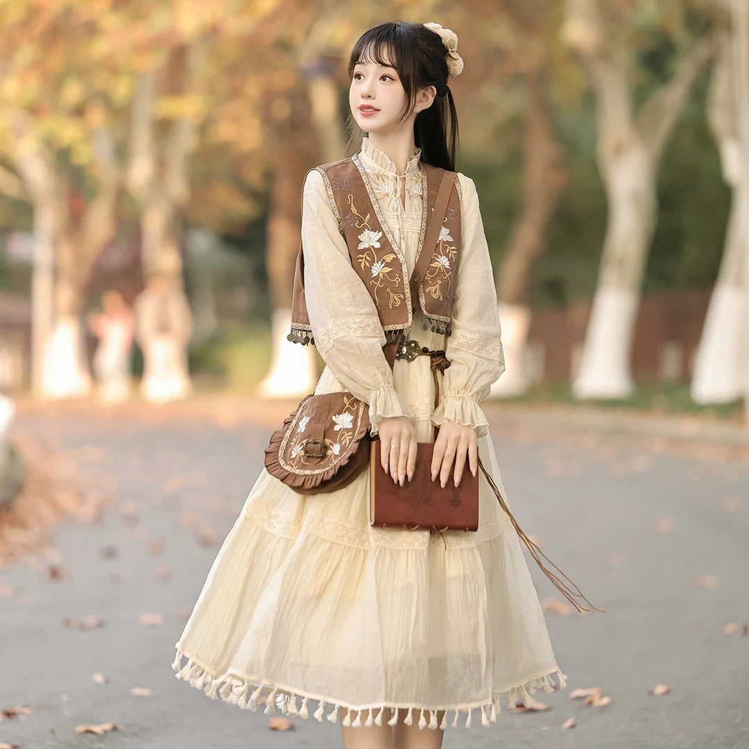 【风吟沙漠】汉服女装中国风汉元素包包马甲连衣裙套装春秋日常雪纺