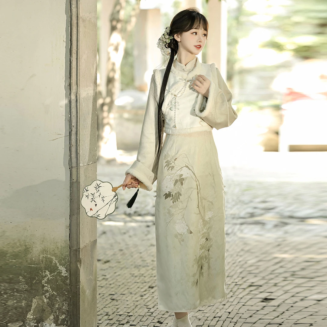 新中式【白蘋香】中国风日常新款马甲复古旗袍套装秋冬长款气质浅色