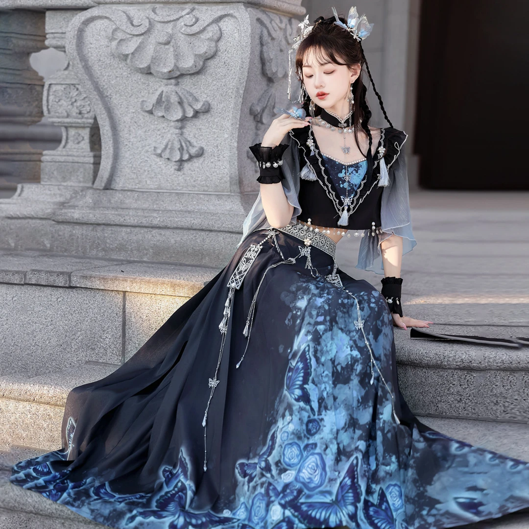 【清仓】【影蝶】汉元素汉服女装中国风改良上衣手袖半裙套装夏季重工