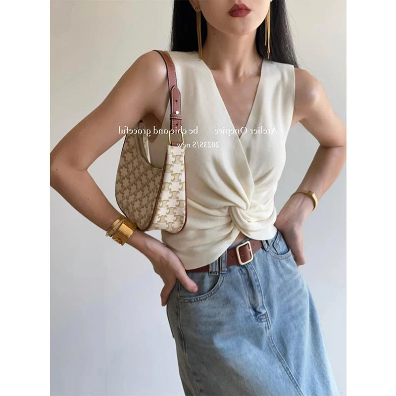 法式V领纽结吊带辣妹小背心女夏季外穿针织马甲修身短款无袖上衣
