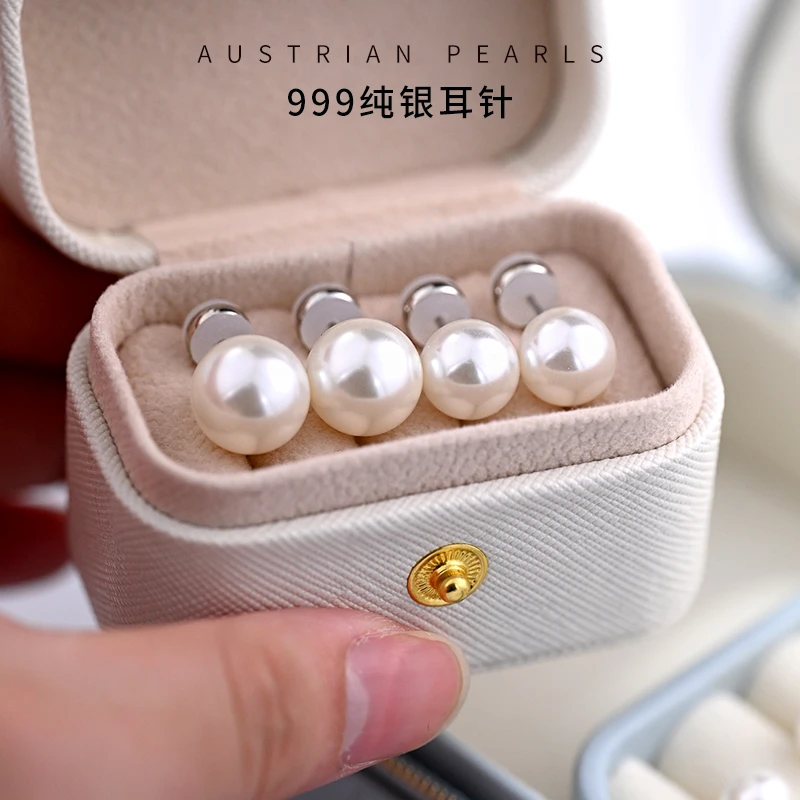 足银仿珍珠耳饰 999纯银耳钉女正圆气质复古网红养耳洞耳环强光