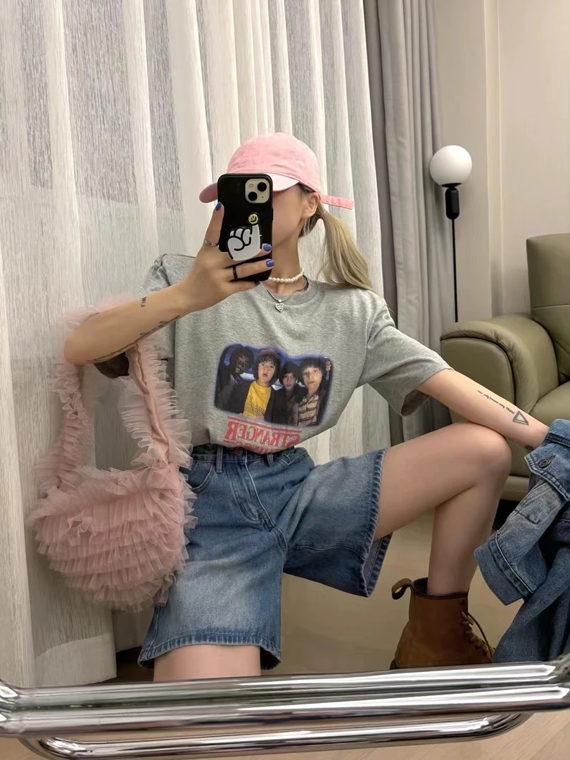 ▪️现货·财神家正版韩版复古高腰百搭阔腿牛仔短裤女五分中裤