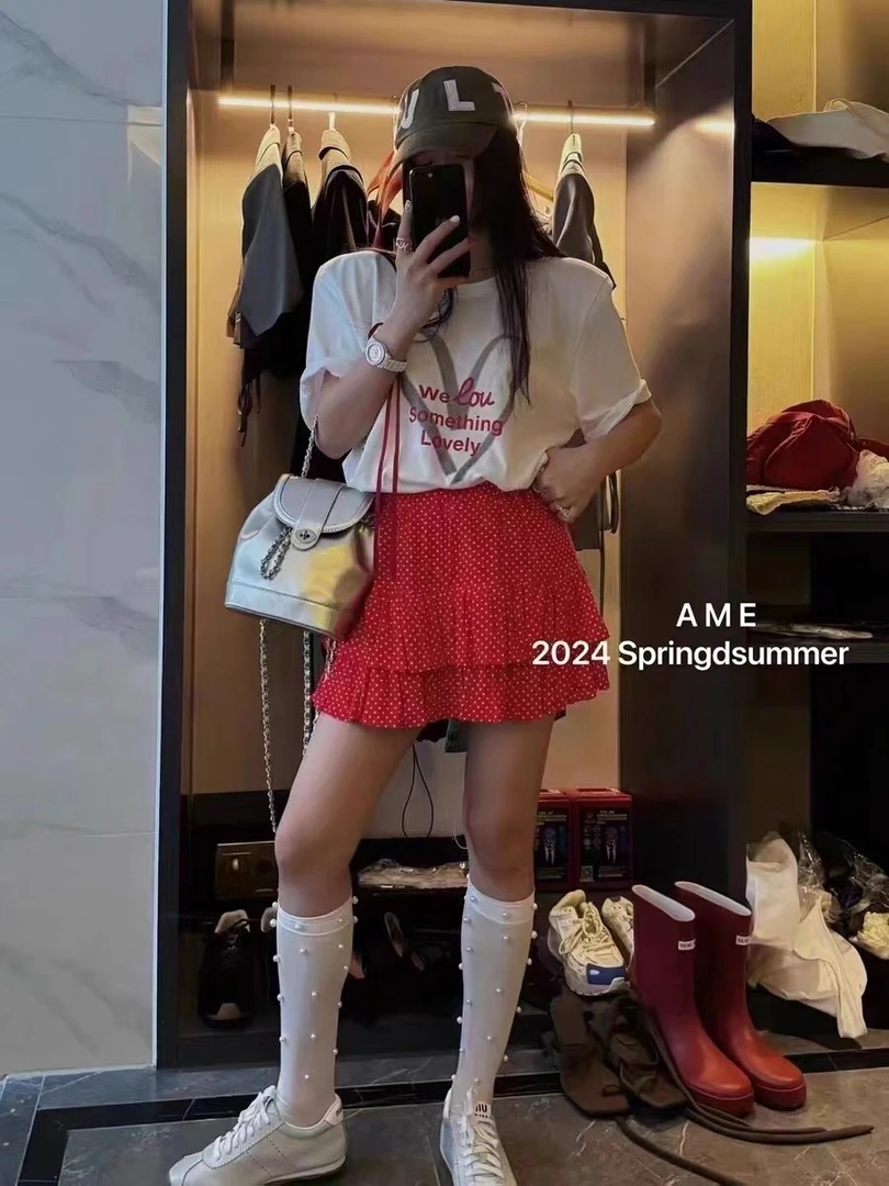 十三行chic洋气红色波点高腰半身裙女2024新款小众减龄百搭蛋糕裙