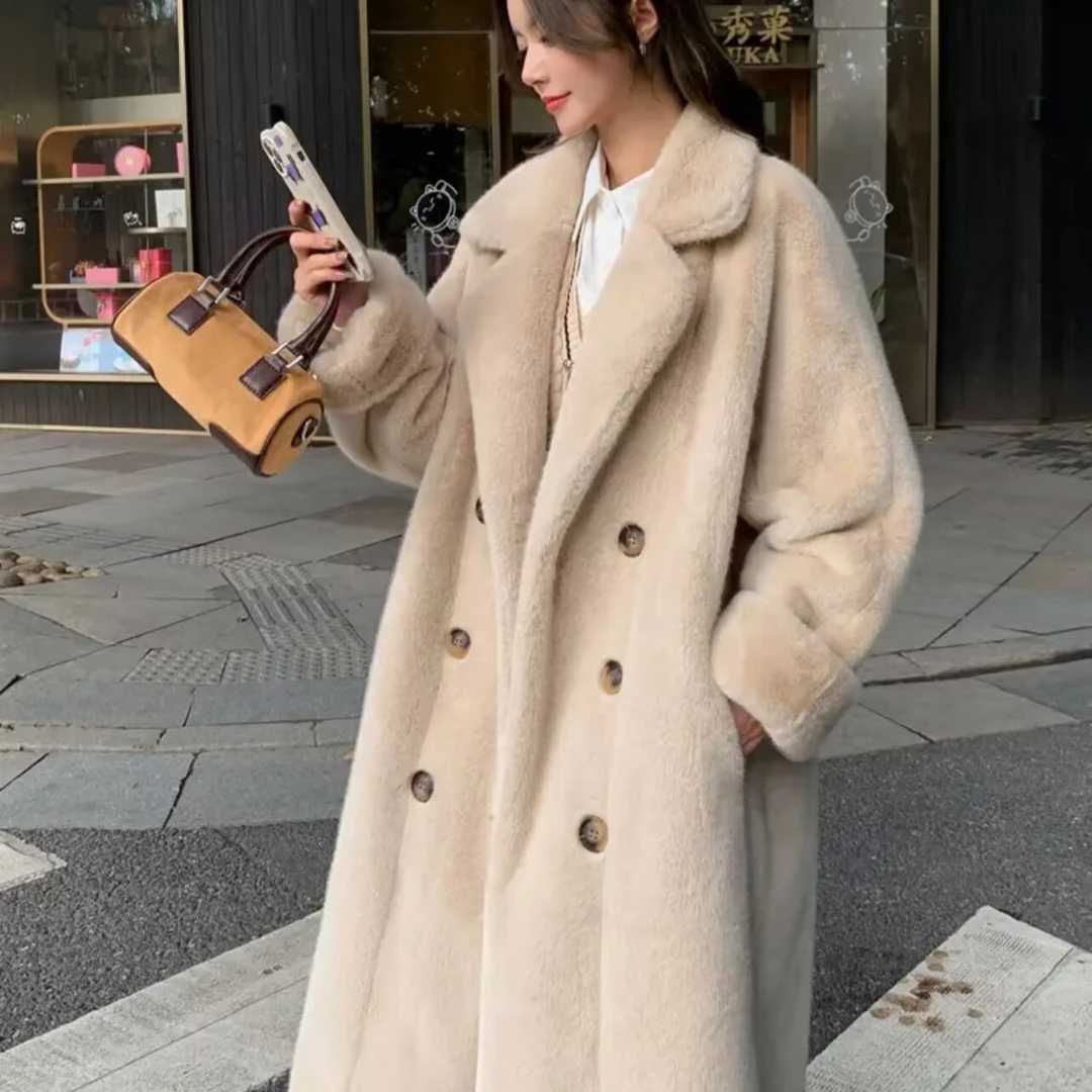 千艺【贵妇战袍】长款大衣皮毛一体外套韩版百搭时尚网红气质冬季