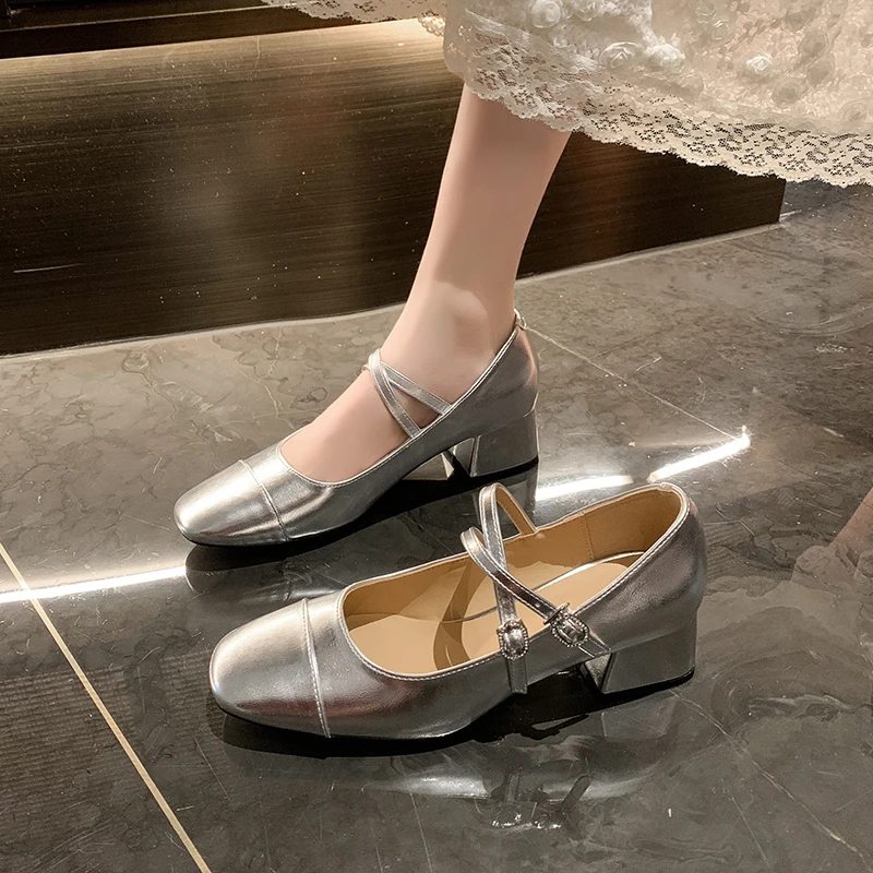 法式银色一字扣带中跟高跟鞋女2024年新款玛丽珍女鞋方头粗跟单鞋