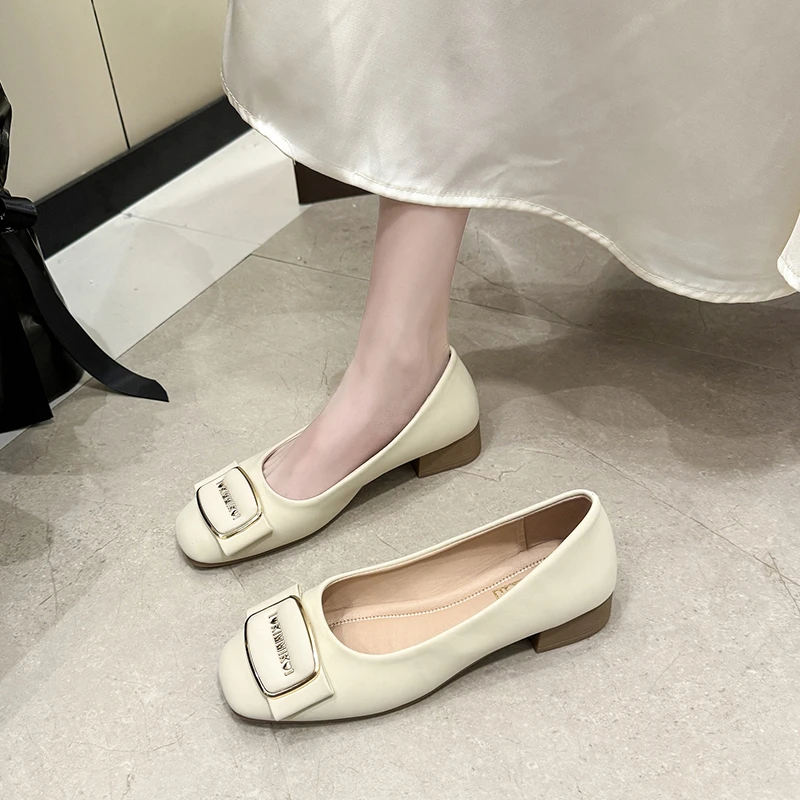 平底单鞋女2024春秋新款法式气质低跟方头一脚蹬瓢鞋浅口方扣鞋子