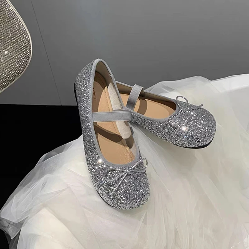 亮片蝴蝶结平底玛丽珍芭蕾舞鞋女2024春夏新款浅口软底单鞋晚晚鞋