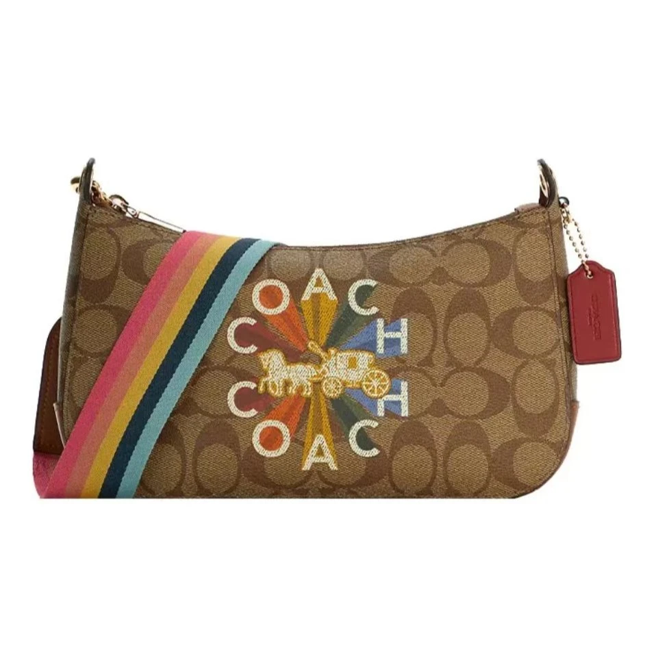 全新未使用 COACH/蔻驰 卡其logo印花斜挎包24*13*6