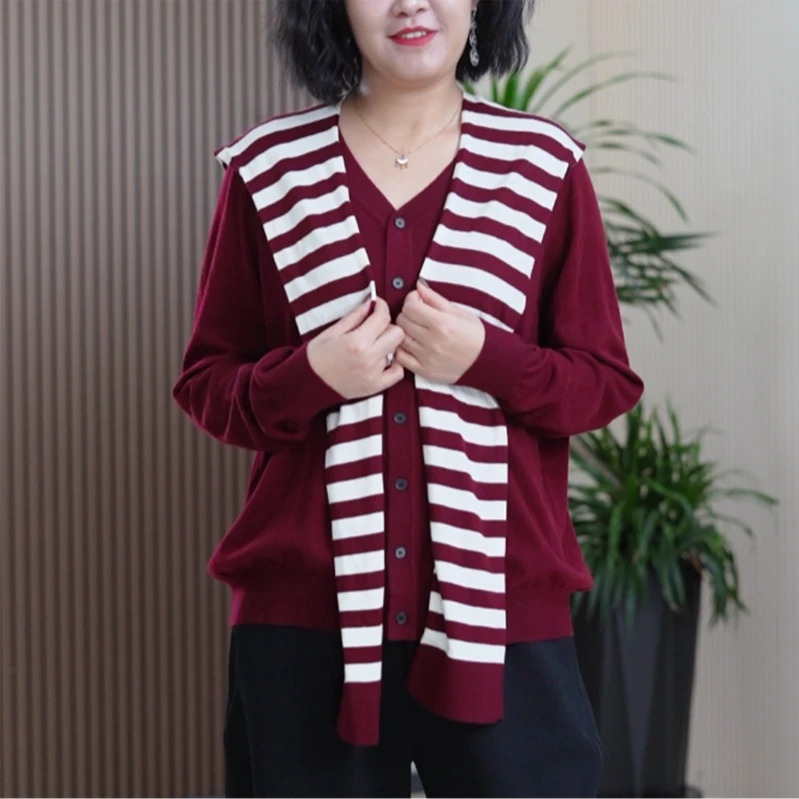 【送披肩】条纹绵羊毛桑蚕丝针织衫长袖软糯细腻知性大码秋季上衣女