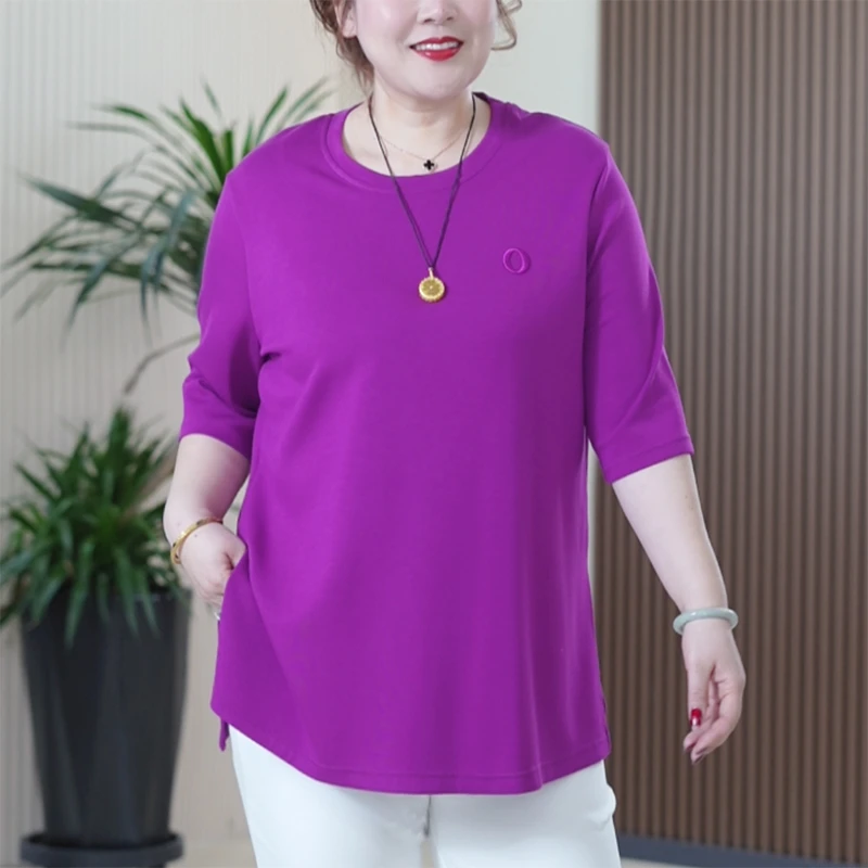 软糯Q弹显瘦刺绣简约侧开叉T恤女文艺简约百搭时尚舒适亲肤上衣