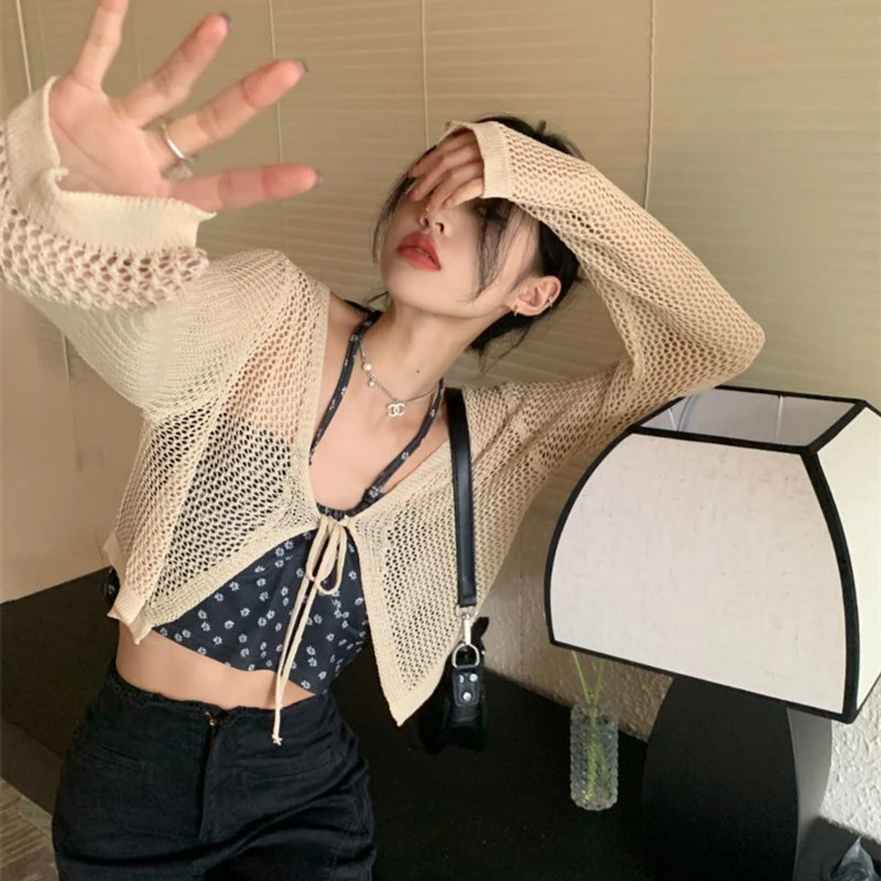 防晒针织衫开衫薄款女夏季外穿长袖外搭镂空罩衫短款上衣披肩外套