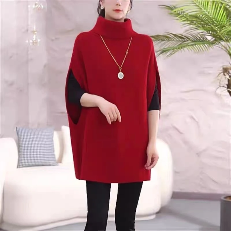 大码洋气叠穿高翻领马甲女外穿春秋冬款宽松中长款针织衫上衣加厚