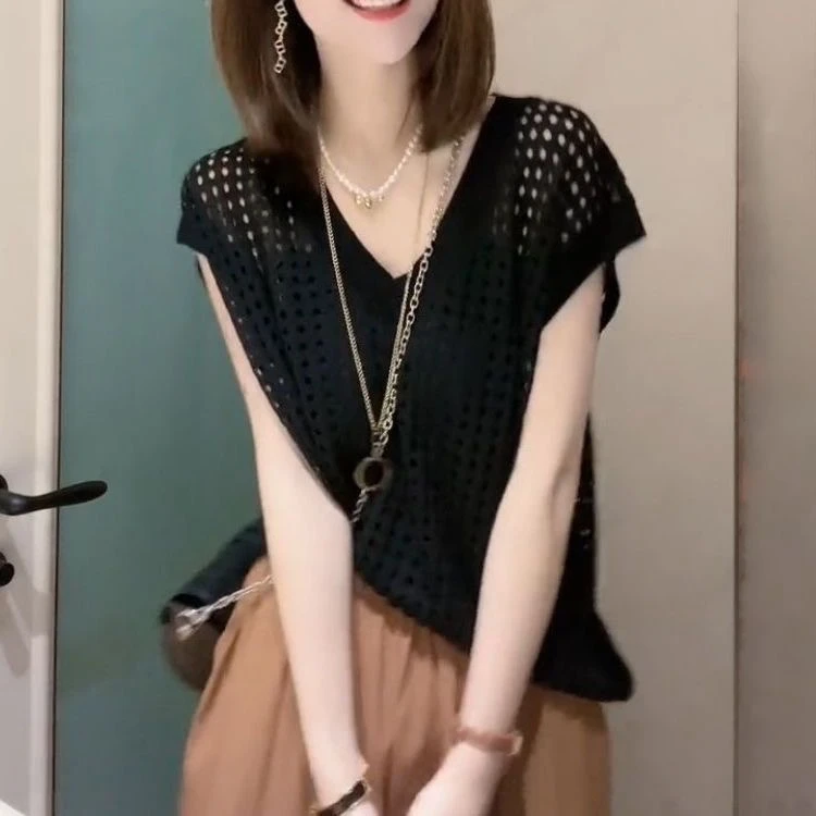 短袖t恤女镂空上衣夏季薄款防晒外搭宽松大码套头针织衫空调罩衫