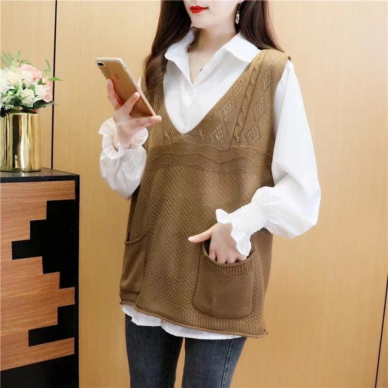 大码针织马甲女春秋复古文艺无袖纯色V领宽松口袋马夹背心外搭潮