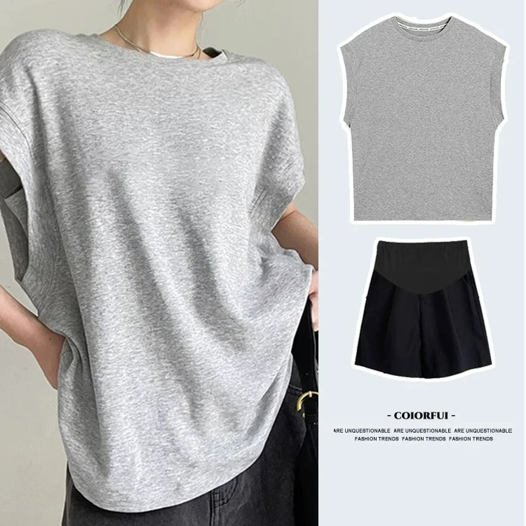 孕妇装无袖上衣t恤短裤两件套夏宽松大码休闲衣服设计感短裤套装