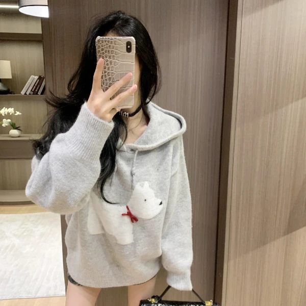 灰色小狗连帽套头针织毛衣女冬季加厚秋冬新款小个子内搭卫衣外套