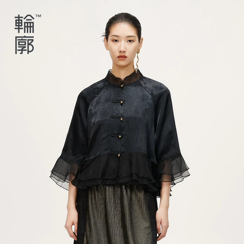 轮廓欧根纱拼接短外套春秋新款中式立领复古原创设计女装L221Y049