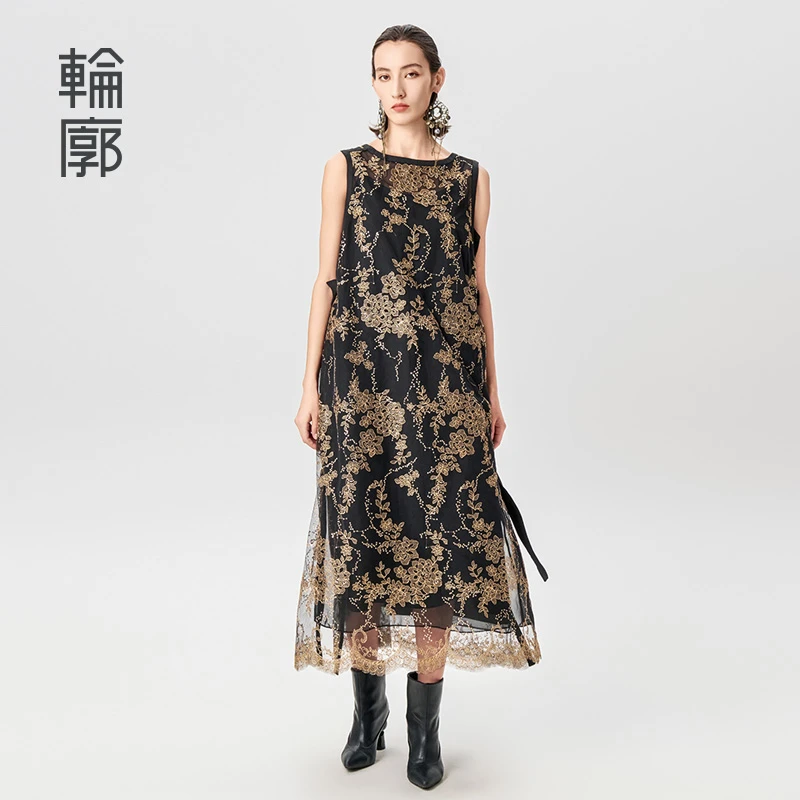轮廓锦上添花双层网纱连衣裙金线提花缠枝牡丹连衣裙L242Y004