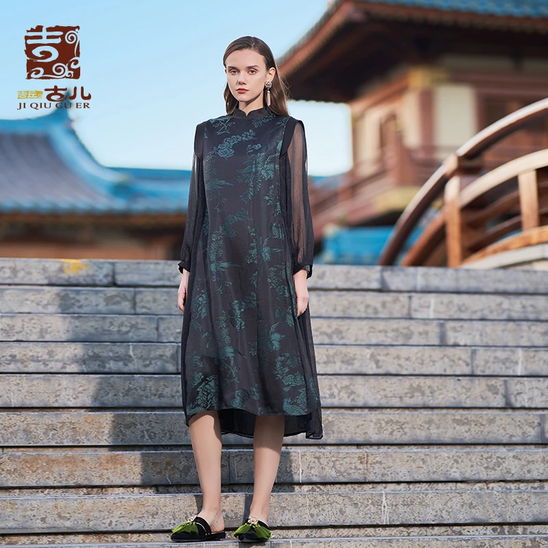 吉丘古儿原创宽松套头中长款款连衣裙 中式国潮风长裙女G232Y017