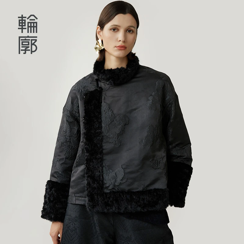 轮廓L244Y010原创设计新中式提花拼接棉服立领斜襟不对称棉衣通勤