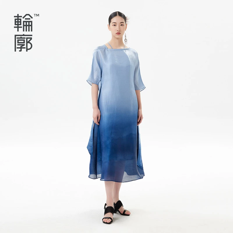 轮廓原创设计连衣裙复古新中式潮流渐变色通勤优雅长裙L232Y012