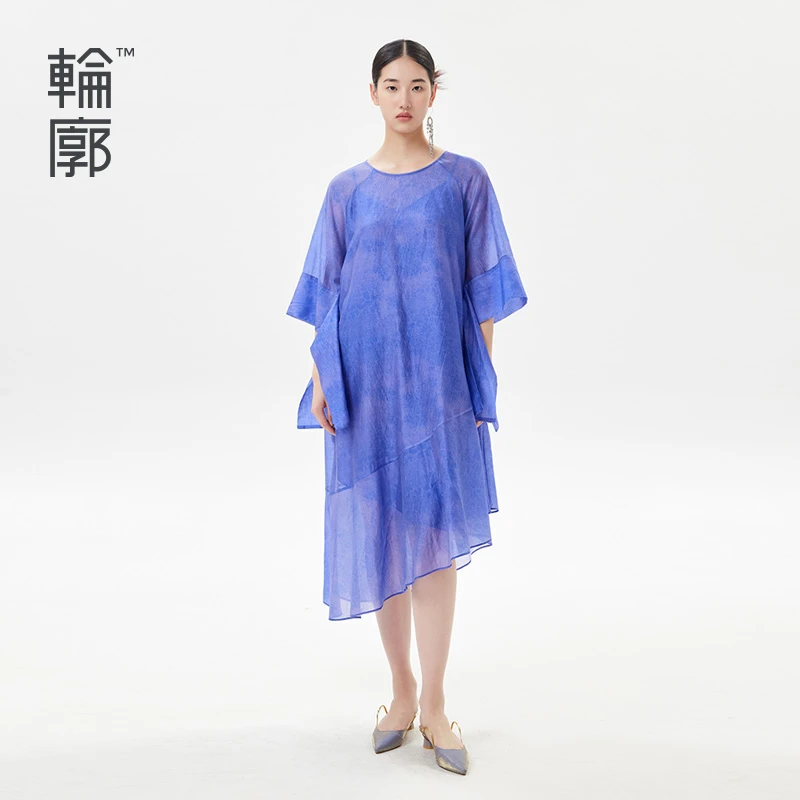 轮廓纯色通勤连衣裙复古荷叶边拼接圆领宽松不规则中长裙L232Y037