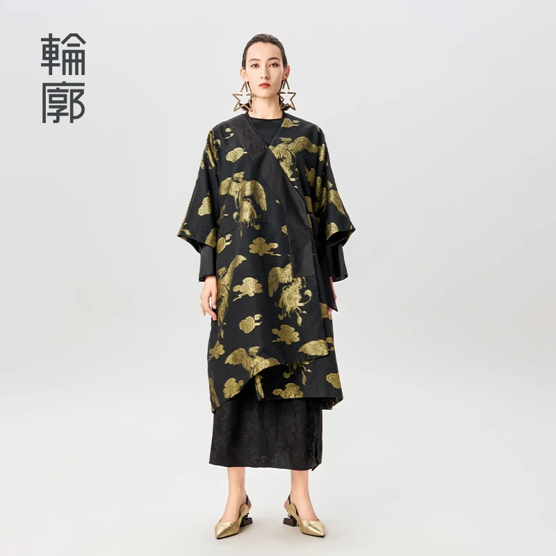 轮廓凤舞九天大气提花外套新中式复古华丽贵气中长风衣L241Y034