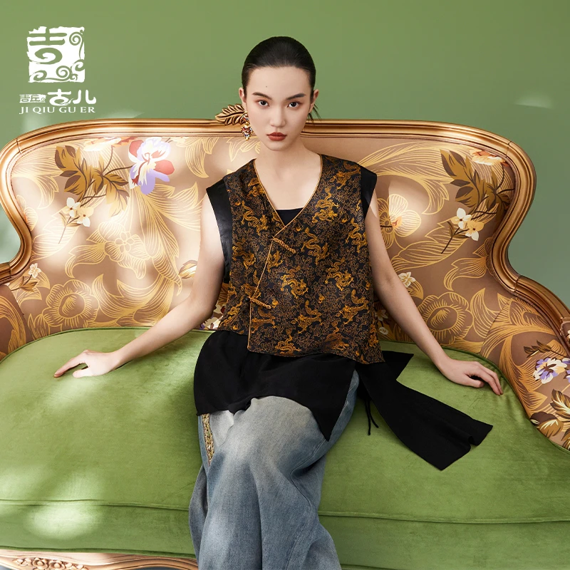 吉丘古儿四季春提花新中式中长马甲灵动飘逸小飞袖长马夹G241Y048