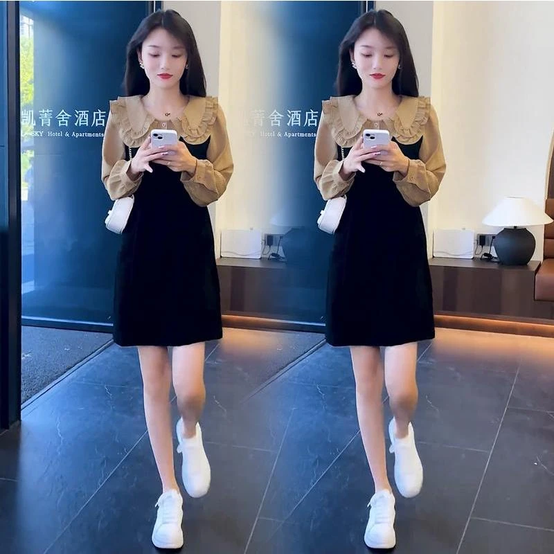 155cm小个子连衣裙女早春装150显高气质穿搭配娃娃领法式初恋裙子