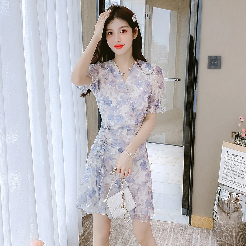 2024夏新款碎花雪纺长裙155小个子收腰气质甜美仙女薄款连衣裙150