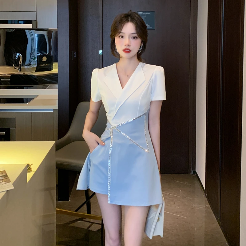 西装职业连衣裙女夏150小个子气质收腰显瘦薄款洋气短裤两件套装