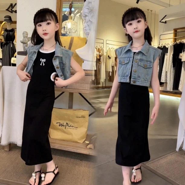 【伊美】女童夏装套新款儿童女孩牛仔马甲夏季小孩吊带裙两件套