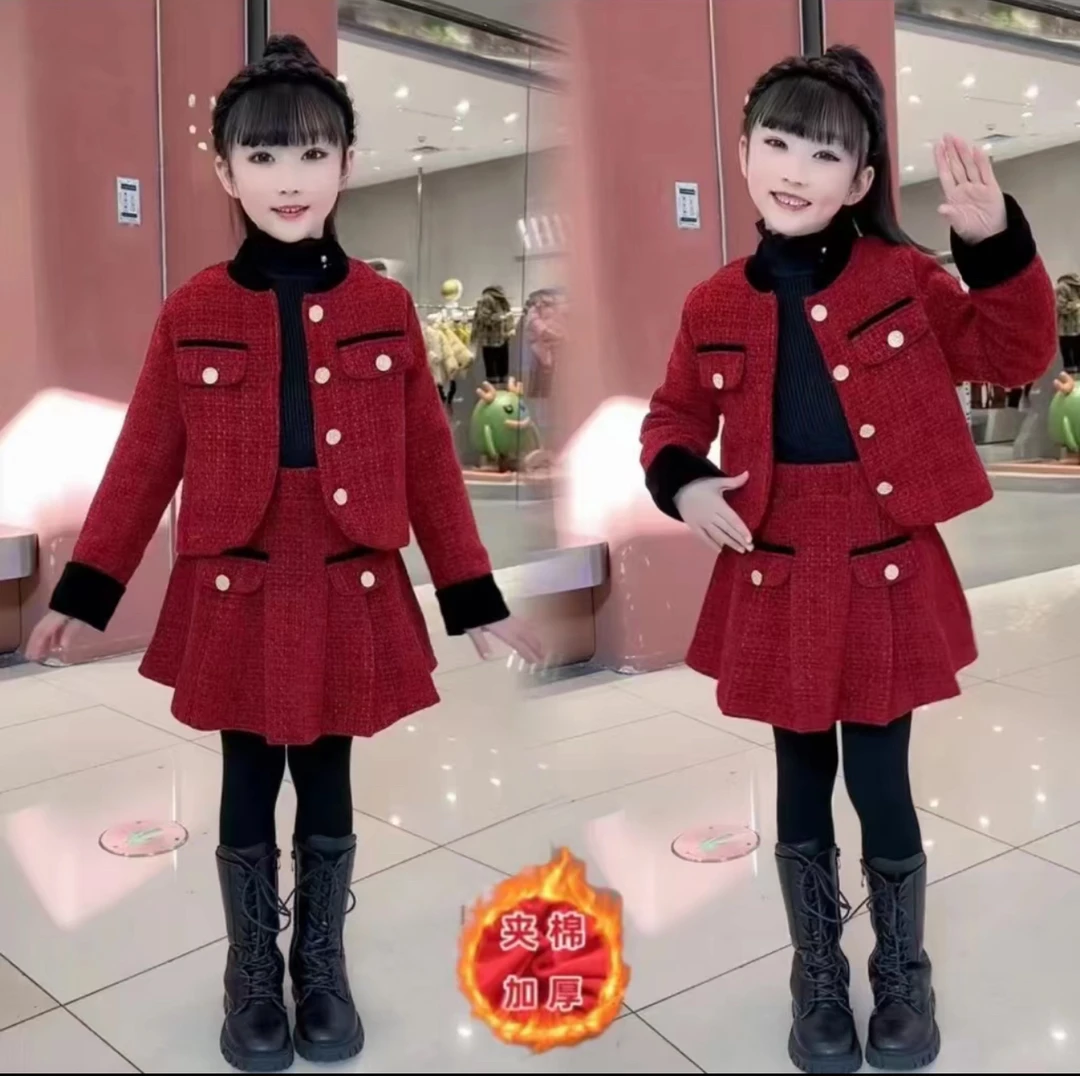 女童小香风套装秋冬款儿童红色连衣裙2024新款衣服两件套春款衣服