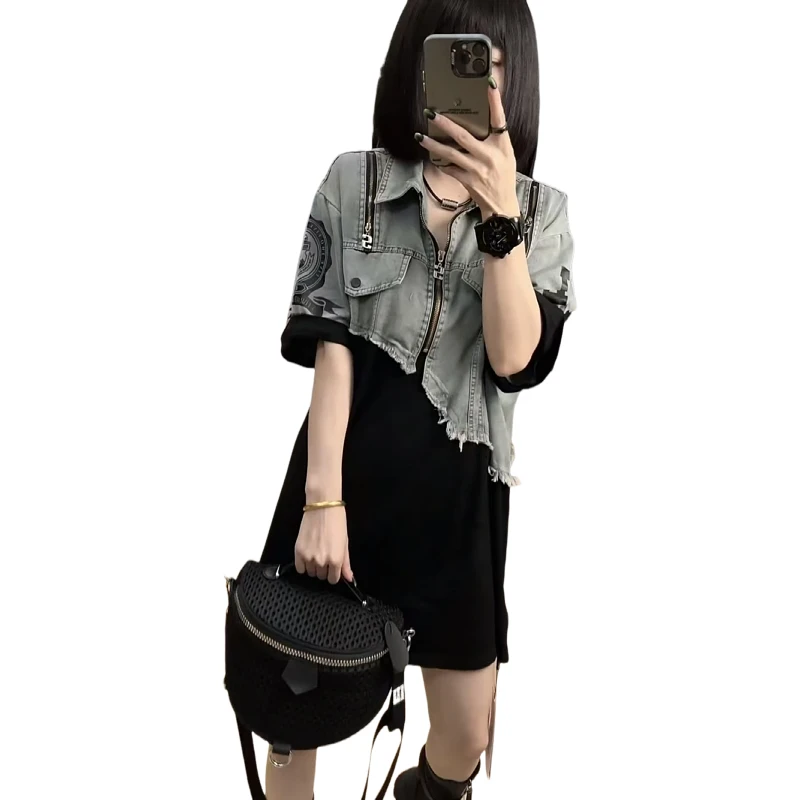 2024夏季新款设计感显瘦拼接百搭翻领洋气时尚休闲拉链牛仔连衣裙