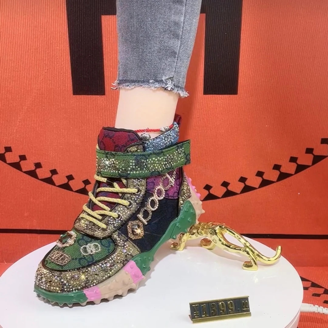 巴黎风老爹鞋女重工炸街明星同款水钻显脚小潮牌透气牛仔布高帮鞋