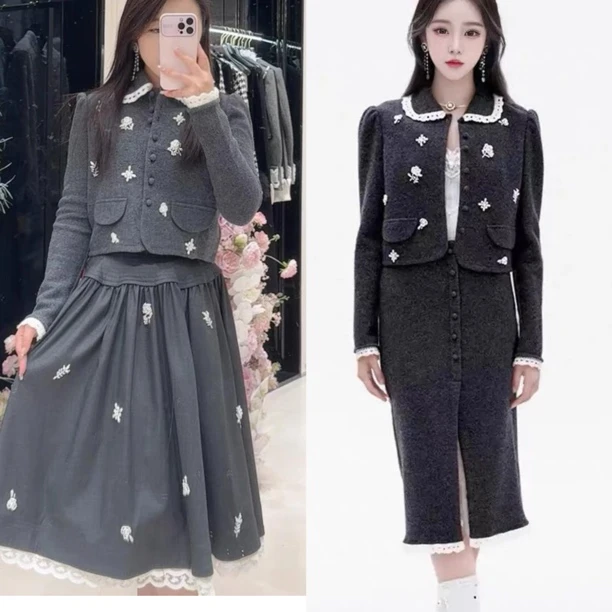 辰辰服饰格雷风灰色娃娃领针织外套半裙