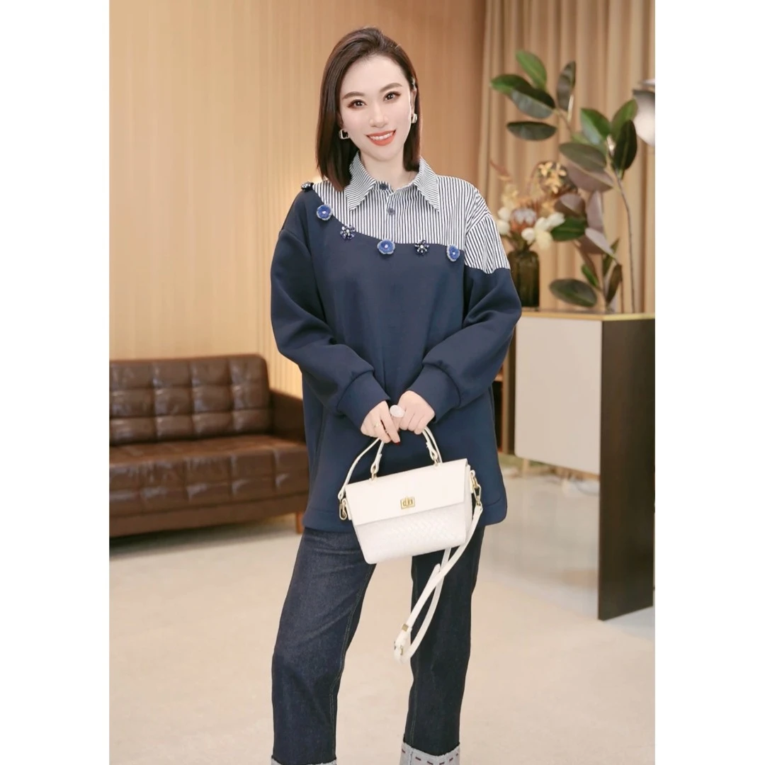 林果&季得 【万花筒】时尚减龄气质百搭女士小翻领拼接卫衣