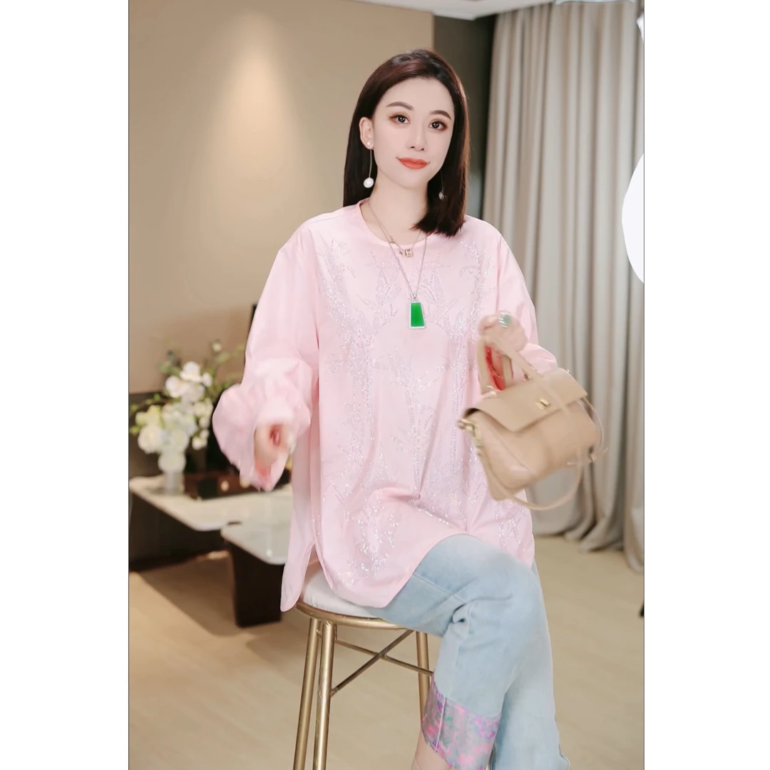 林果&季得 【虞美人】重工钉片百搭时尚减龄女士长袖款T恤