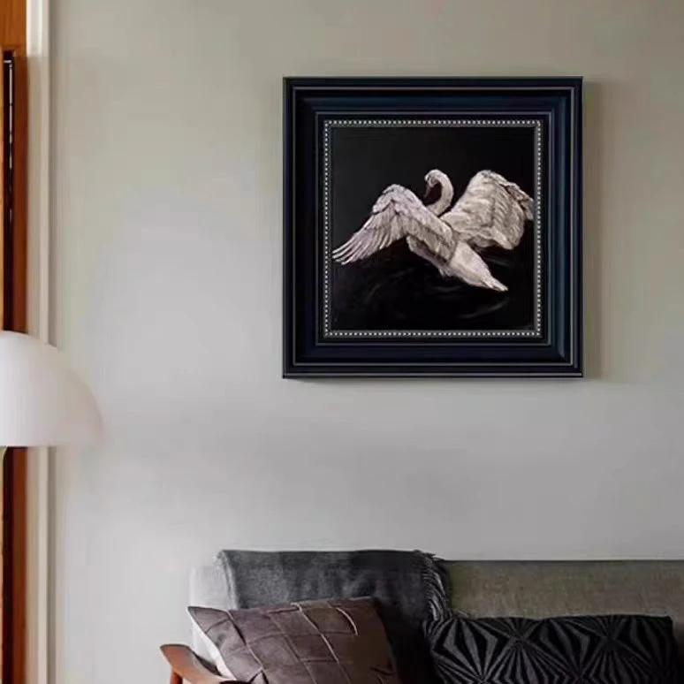 黑色白天鹅砂岩画法式中古风挂画复古卧室床头玄关柜摆高级感欧框