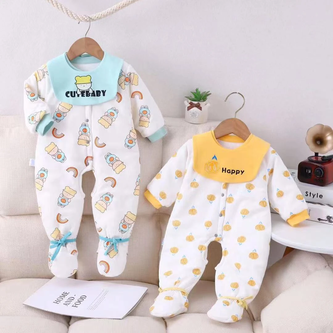 宝宝120克包脚连体衣开裆A类夹棉男宝秋冬款长袖爬服女宝薄棉哈衣