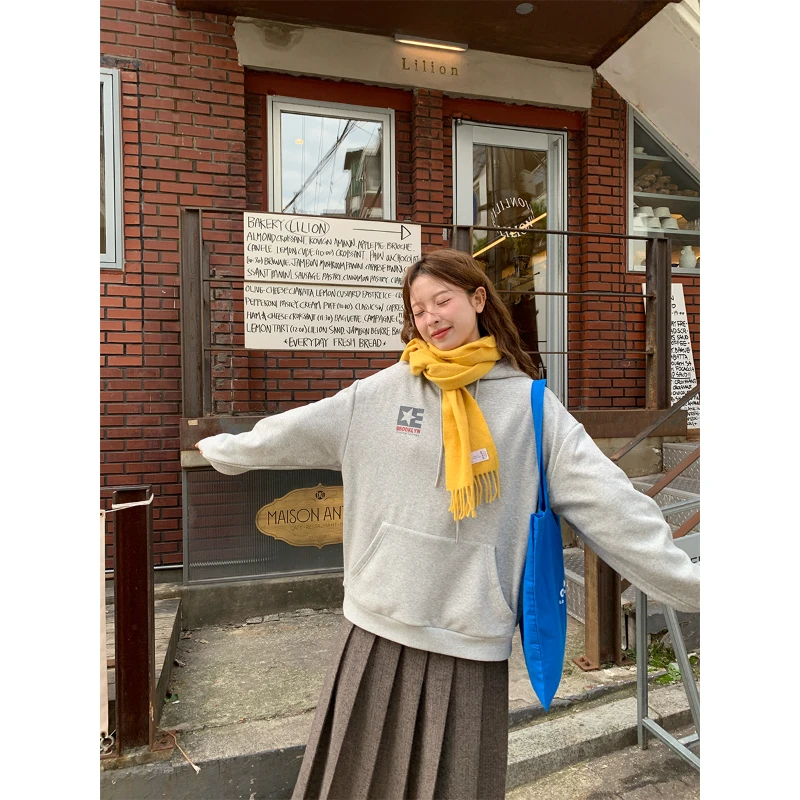 RAINY 连帽抽绳宽松印花加绒口袋卫衣秋冬女落肩纯色百搭套头上衣