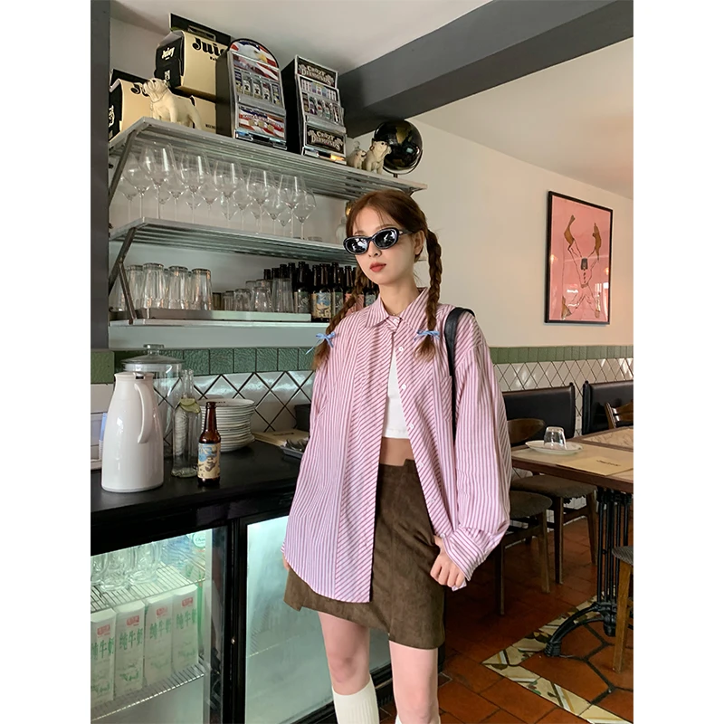 RAINY 韩系经典条纹衬衫春秋女百搭宽松衬衣复古长袖学院风上衣